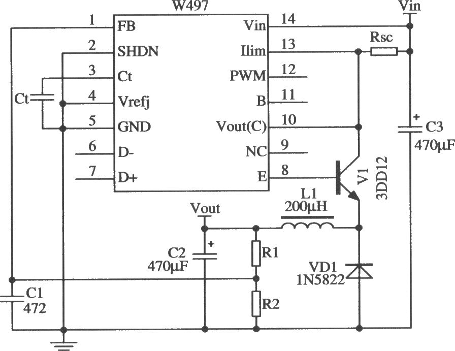 W497的降壓型擴(kuò)流應(yīng)用電路