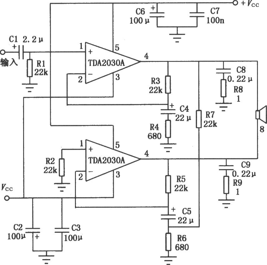 TDA2030A音頻功率放大器的BTL應用電路