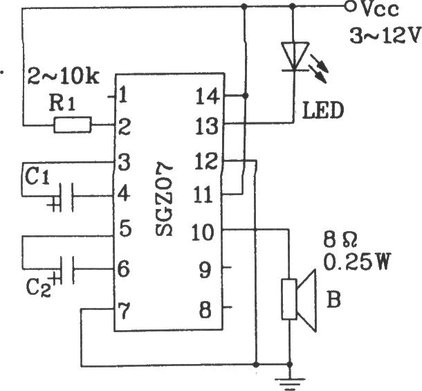 由SGZ07聲、光報(bào)警集成電路構(gòu)成雙頻率聲、光信號(hào)源電路