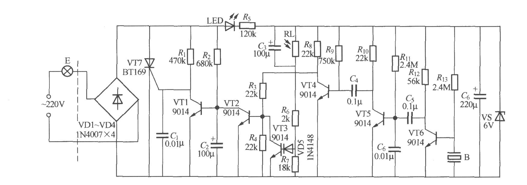 分立元件声光控楼梯延迟开关电路(7)