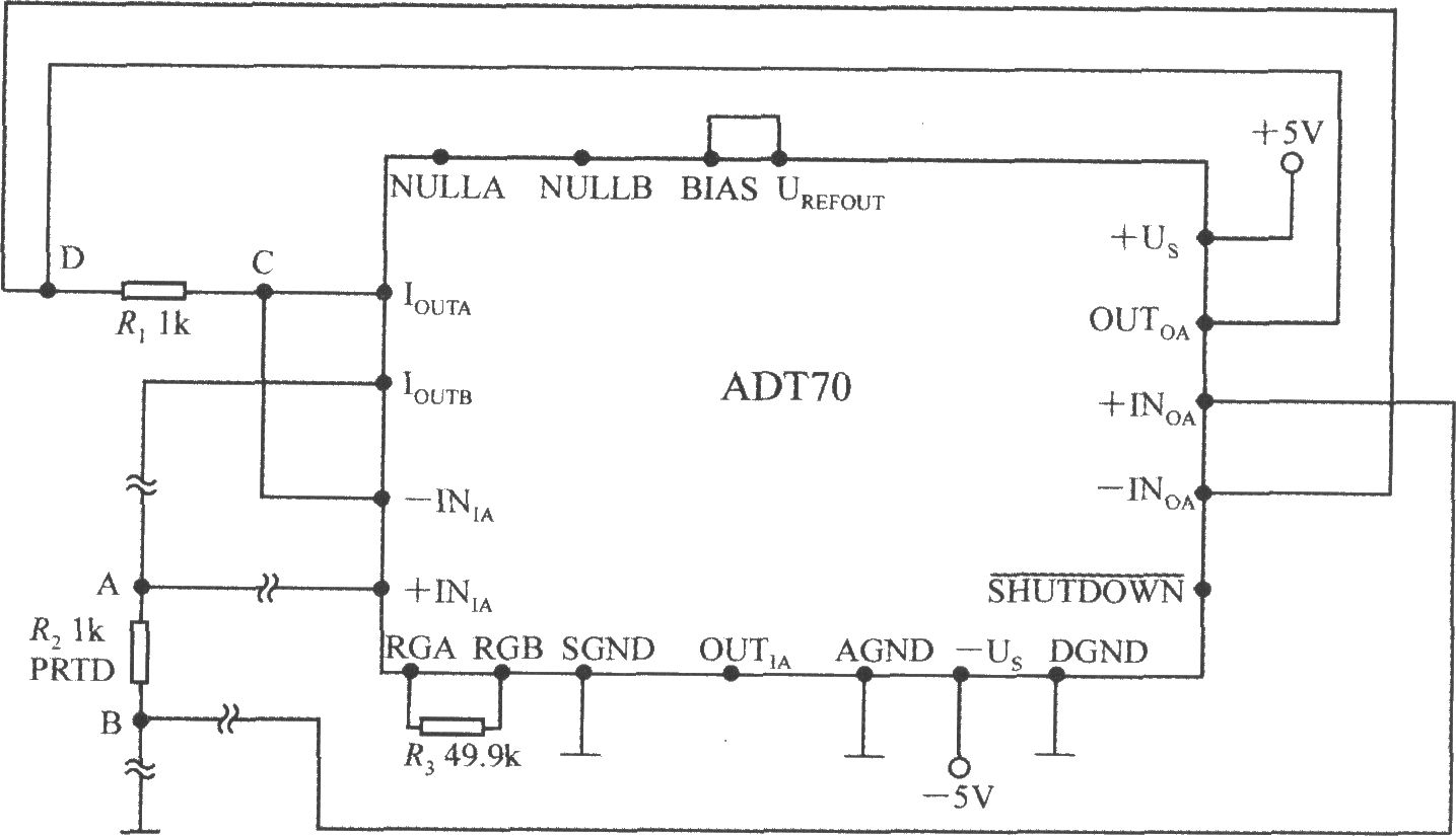 用4線制接法消除引線電阻的影響(鉑熱電阻信號調(diào)理器ADT70)