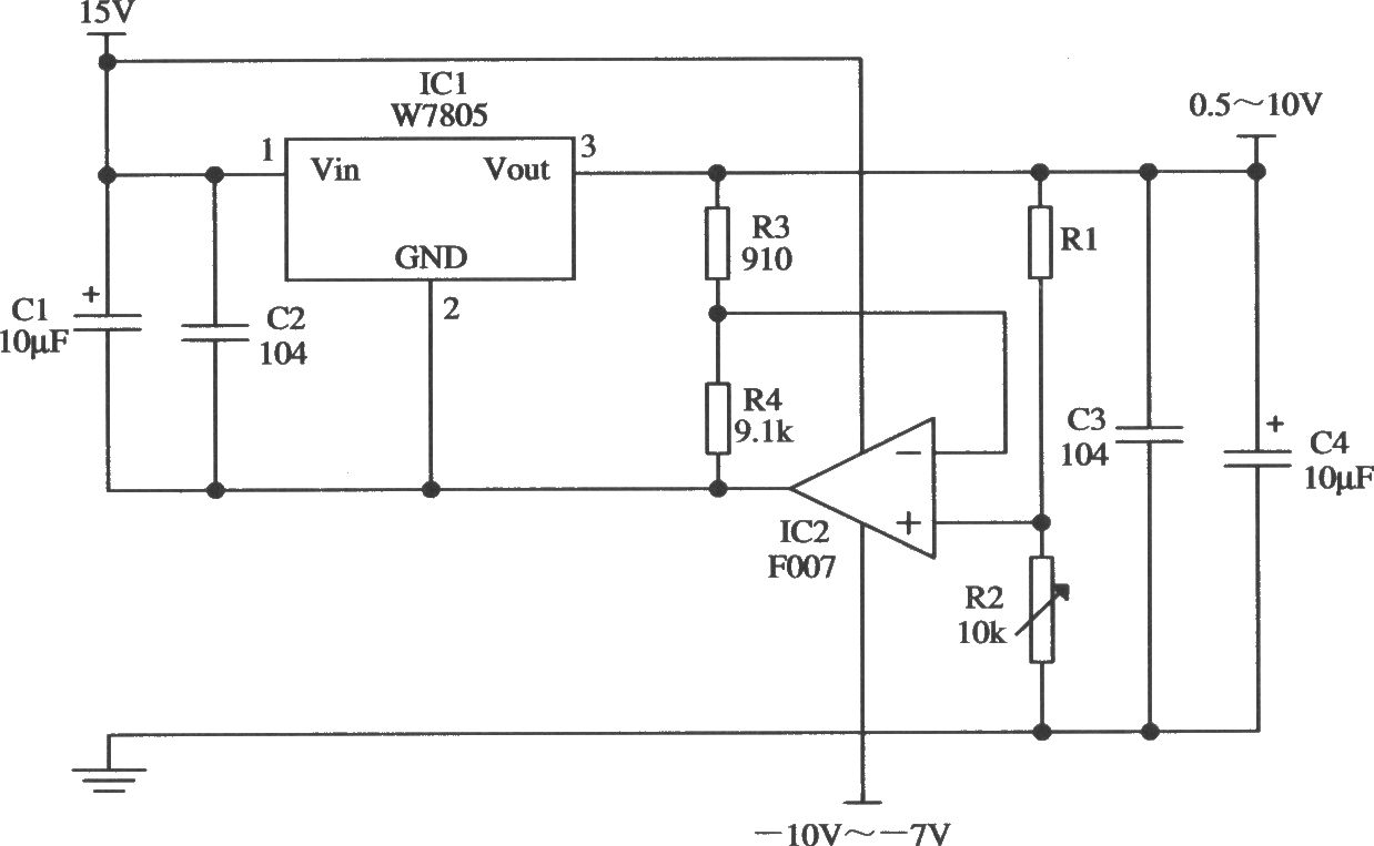 由W7805夠車工內(nèi)的輸出電壓0.5～10V連續(xù)可調(diào)的應(yīng)用電路