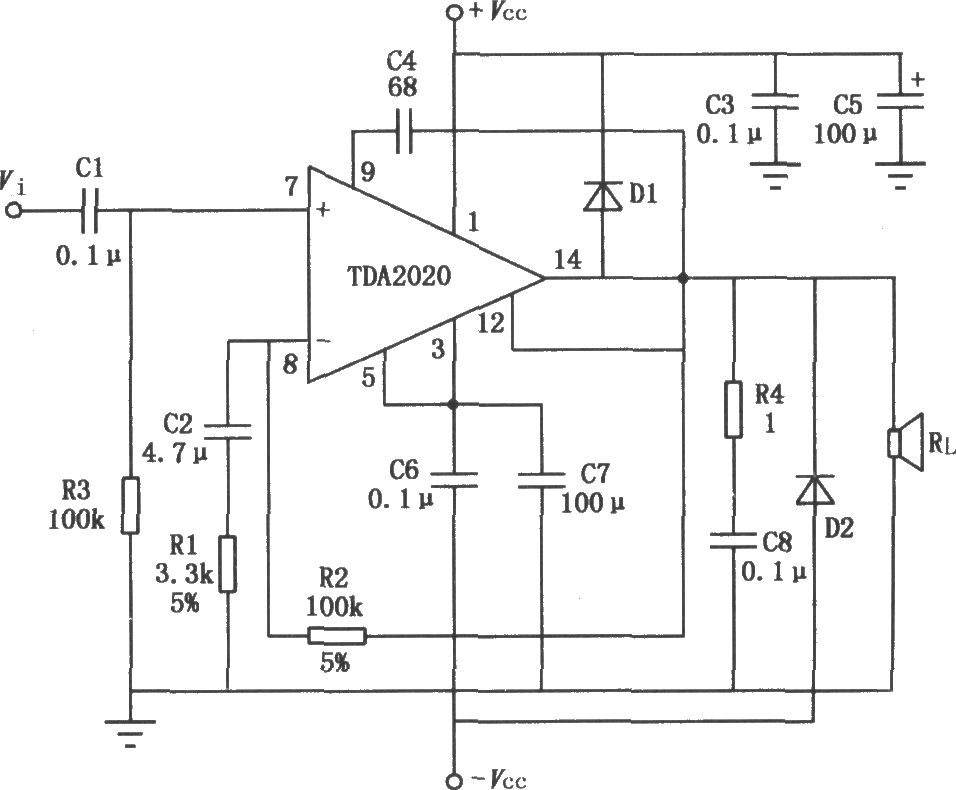 20W Hi—Fi音頻功率放大器TDA2020的典型應(yīng)用電路