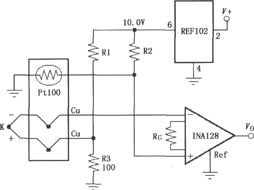 由INA128构成的有冷端补偿的热电偶放大器