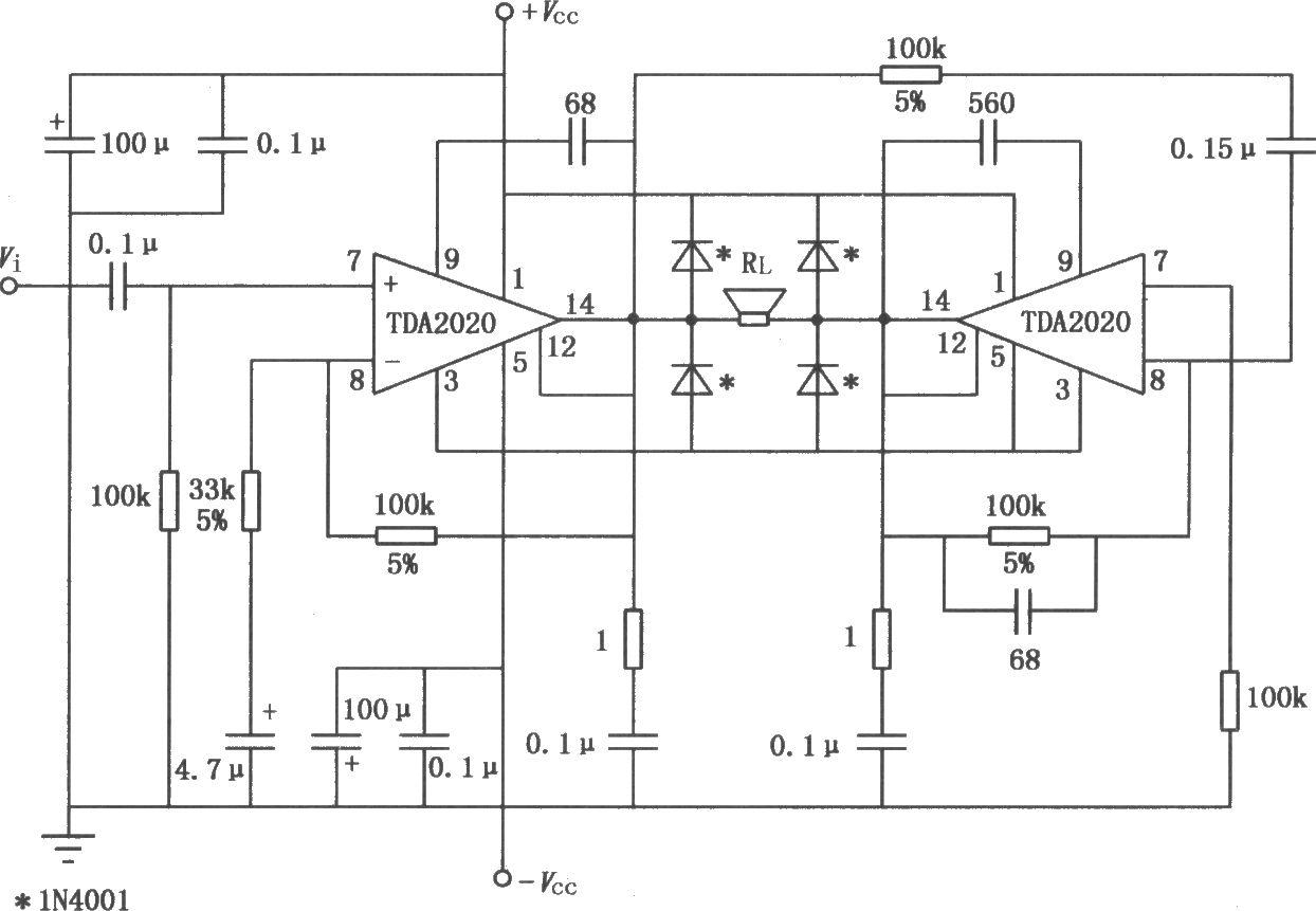 20W Hi—Fi音频功率放大器TDA2020的BTL应用电路