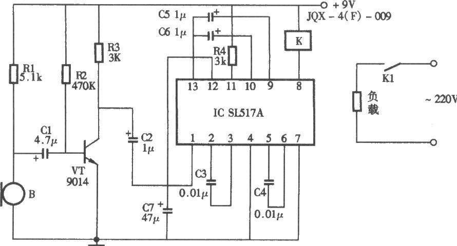 采用SL517聲控照明燈電路