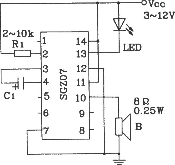 由SGZ07聲、光報警集成電路構成單頻率聲、光信號源電路