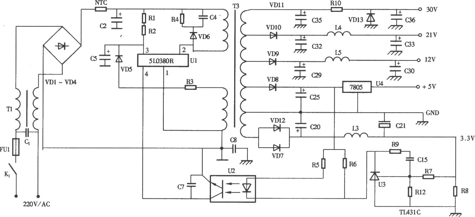 海克成HIC-2000HDVB型数字卫星电视接收机电源电路