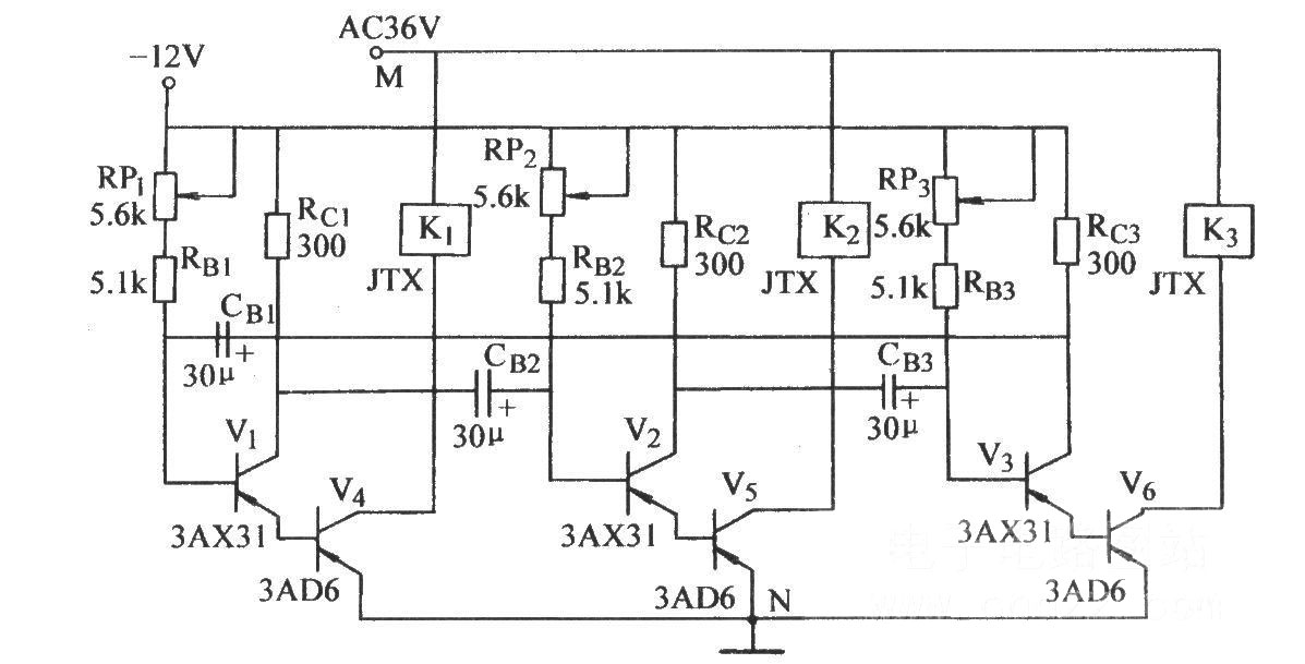 三管無(wú)穩(wěn)態(tài)帶動(dòng)三只繼電器電路