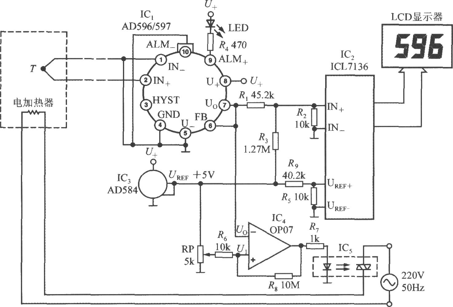 由熱電偶冷端溫度補償器AD596／597構(gòu)成溫度測控儀電路