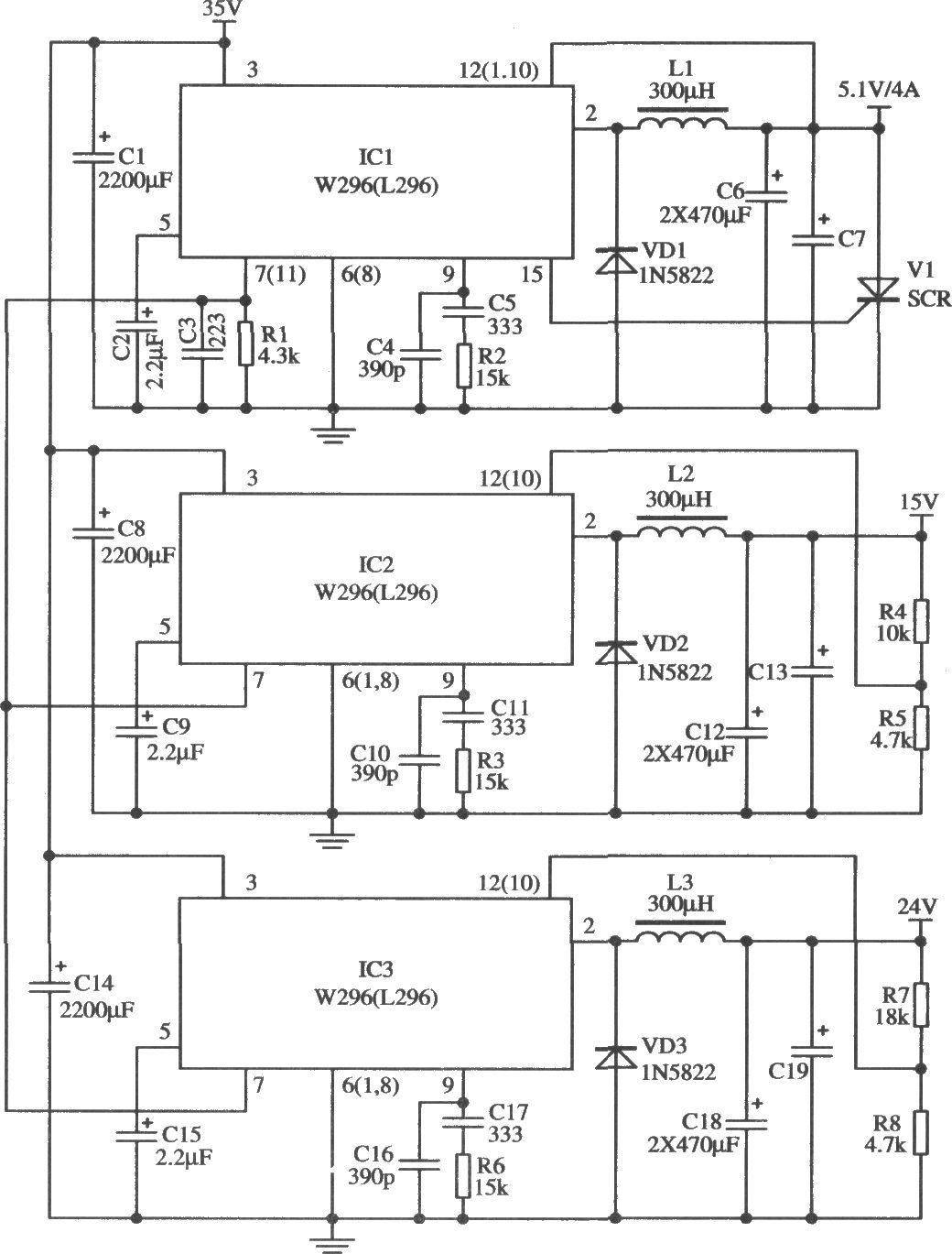 W296同步工作同時(shí)提供三路電源的應(yīng)用電路