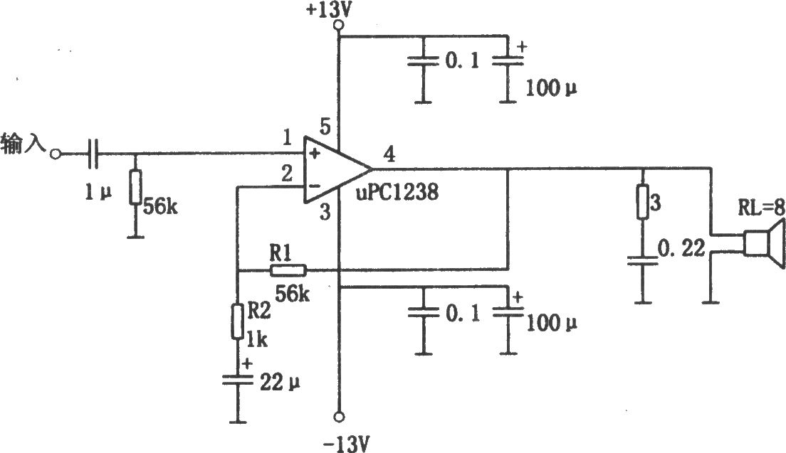 μPC1238構(gòu)成的1OW音頻功率放大器