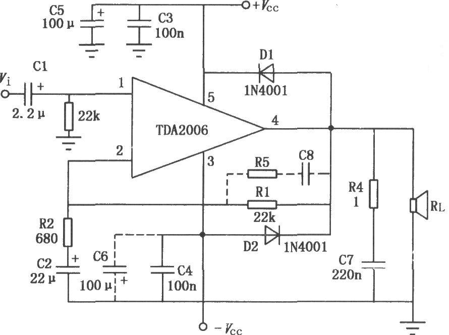 10W音頻功率放大器TDA2006的典型應(yīng)用電路