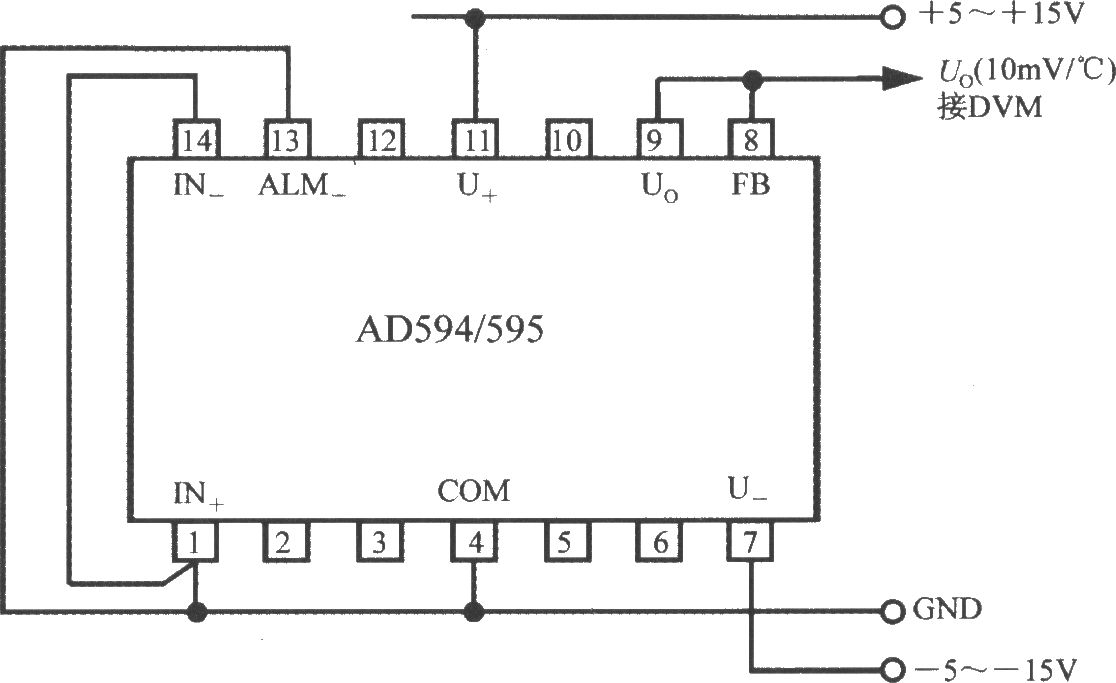 由熱電偶冷端溫度補償器AD594/595構(gòu)成的攝氏溫度計電路