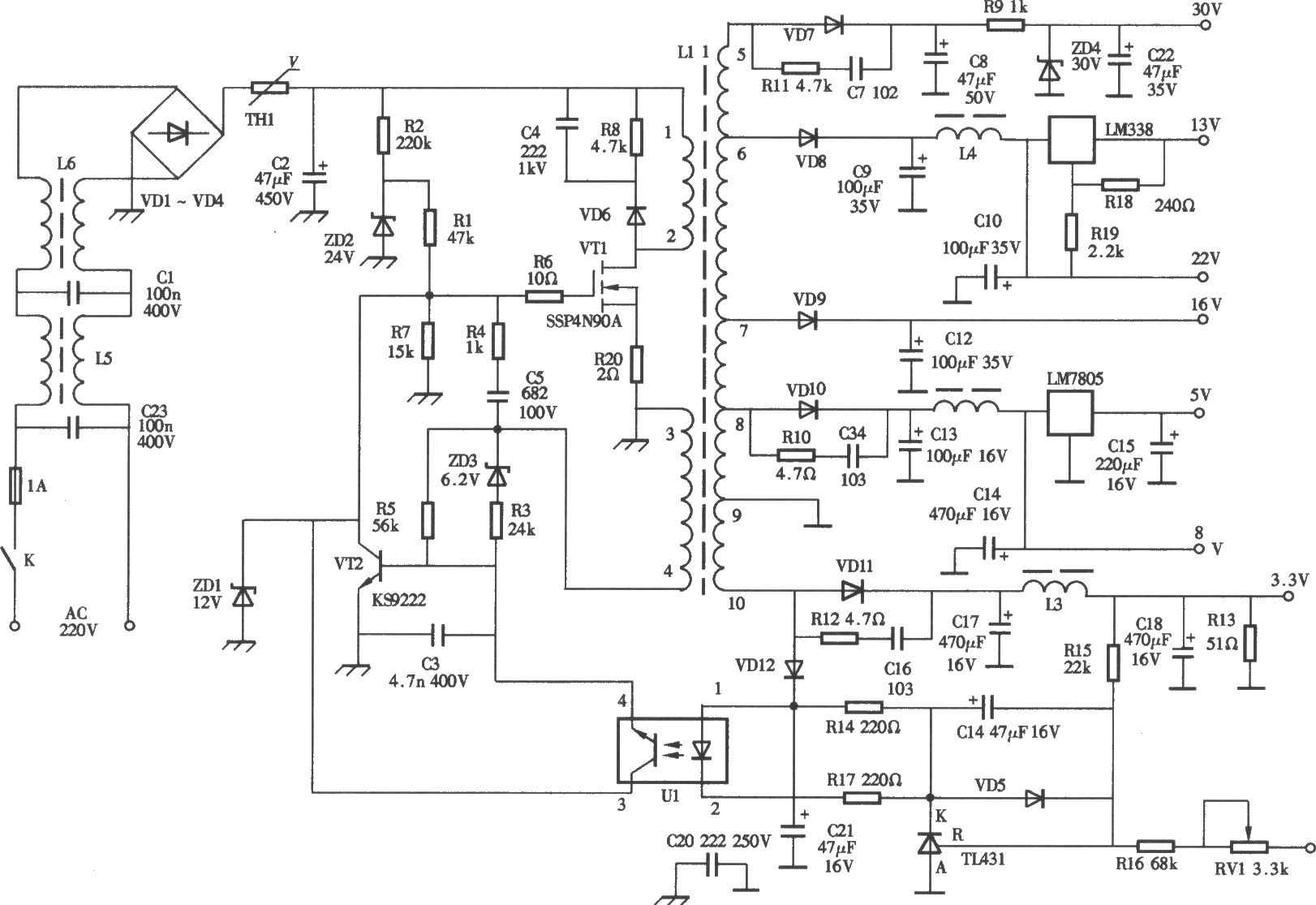 高斯貝爾GSR-2001E型數(shù)字衛(wèi)星電視接收機(jī)電源電路