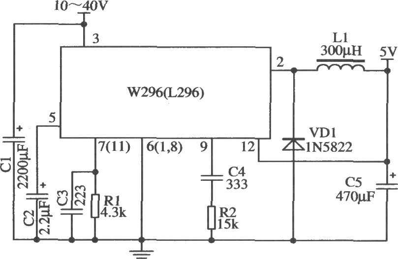 W296構(gòu)成的外圍元器件最少的5V／4A應(yīng)用電路