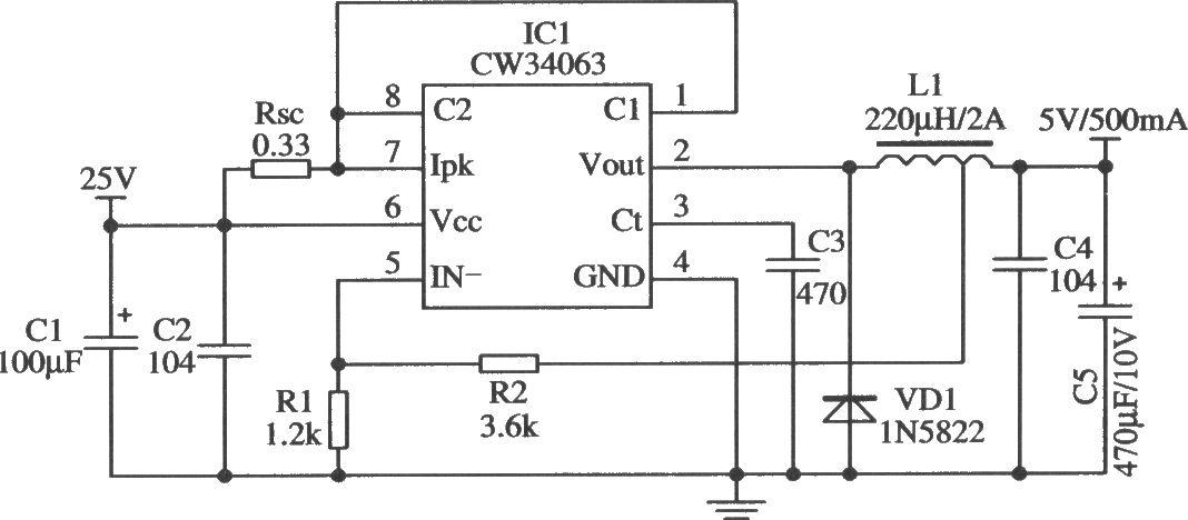 CW34063構(gòu)成的降壓型的典型應(yīng)用電路