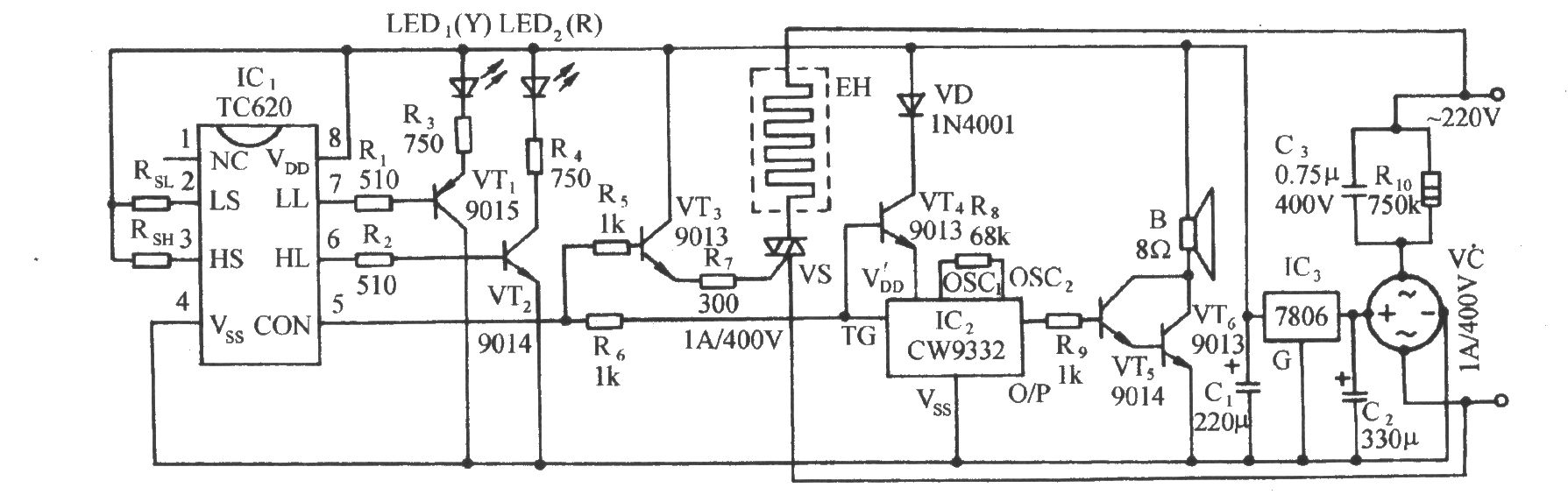 TC620溫度傳感自動(dòng)加熱恒溫控制電路