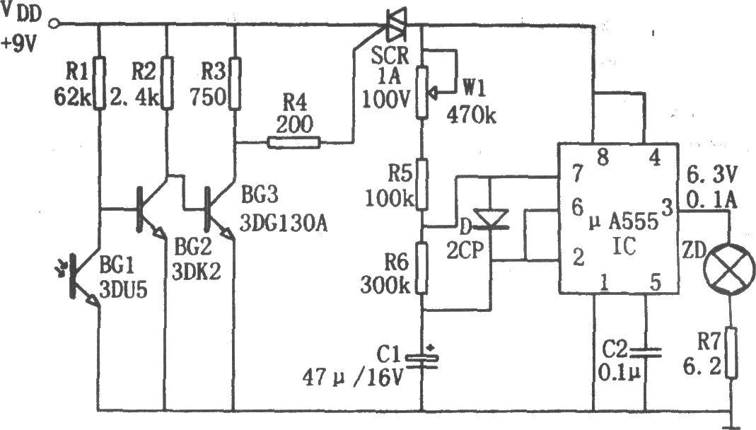 μA555構(gòu)成的夜間自動顯亮燈