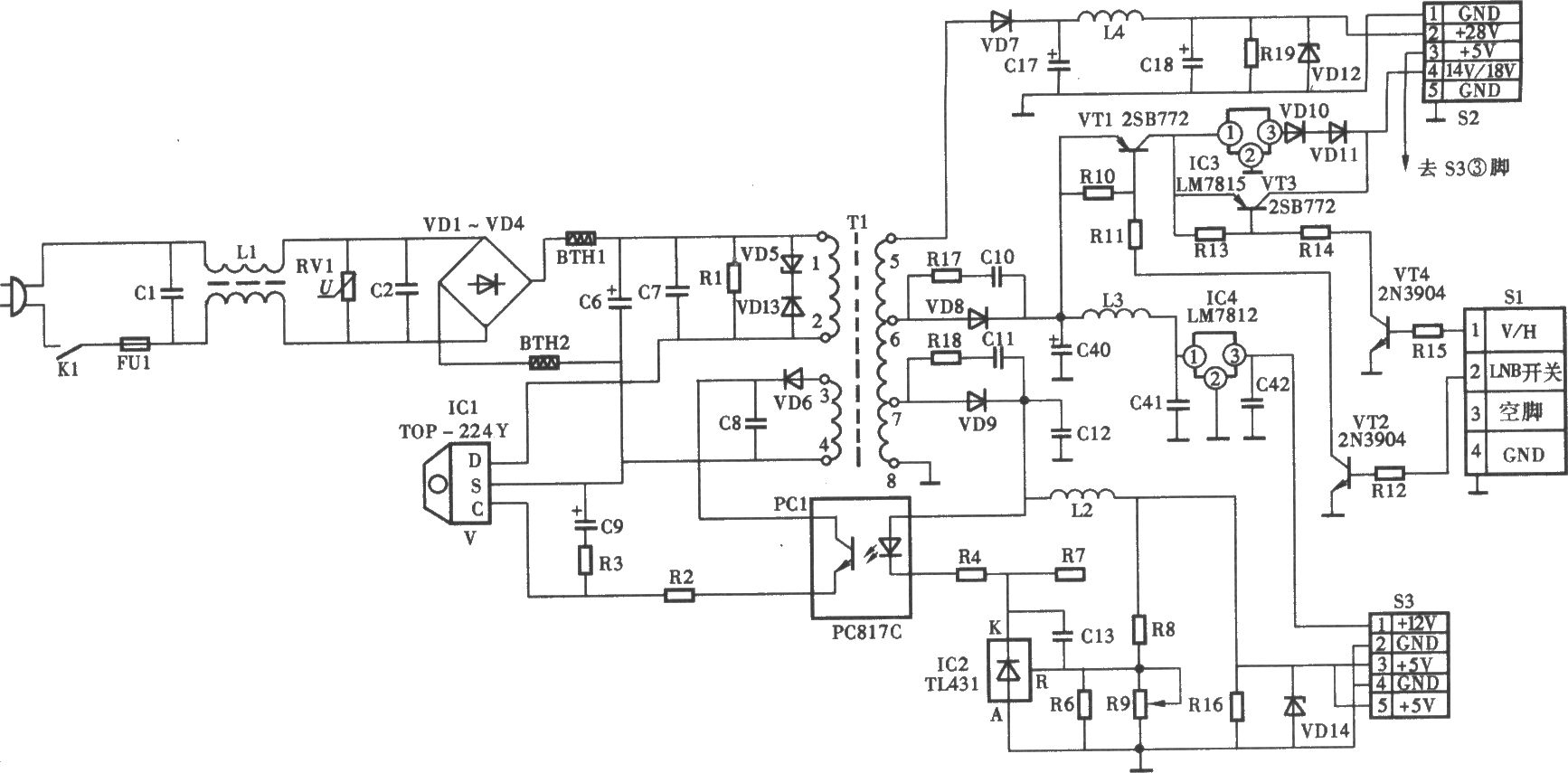 同洲CDVB891B型数字卫星电视接收机电源电路