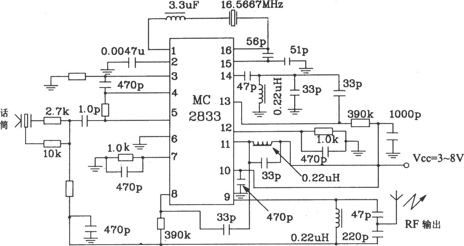 由MC2833構(gòu)成的無線電發(fā)射典型應(yīng)用電路圖