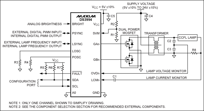 圖1. 每個通道驅(qū)動一個燈管的典型工作電路