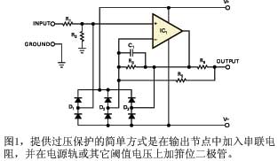 圖1提供過(guò)壓保護(hù)的簡(jiǎn)單方式是在輸出節(jié)點(diǎn)中加入串聯(lián)電阻并在電源軌或其它閾值電壓上加箝位二極管