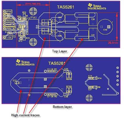 TAS5261 參考設(shè)計 PCB 的高電流信號線范例