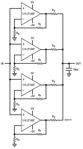 采用全部 4 個放大器 (LT1397) 來驅(qū)動大電容性負(fù)載