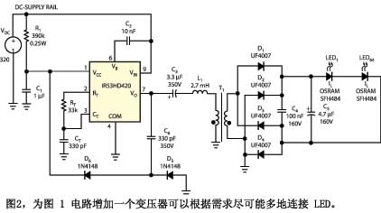 圖2為圖1電路增加一個變壓器可以根據(jù)需求盡可能多地連接LED