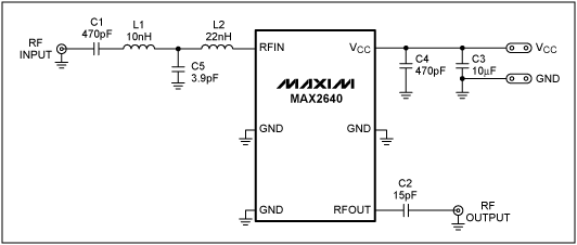 圖1. MAX2640針對470MHz至770MHz ISDB-T應用的調諧電路