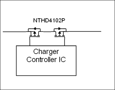 圖3：采用兩個(gè)具有低R<sub>ds</sub>(on)的MOSFET作為傳輸元件。NTHD4102P是一個(gè)典型R<sub>ds</sub>(on)值為64mΩ的雙P溝道MOSFET，因此充電電流為1A時(shí)僅產(chǎn)生0.13V的壓降。