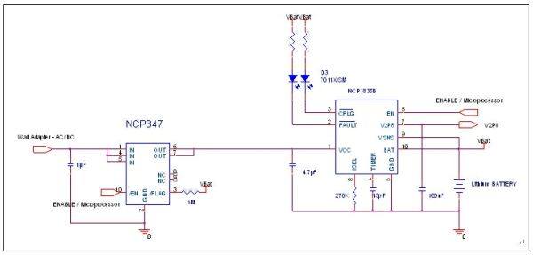 圖4 帶鋰離子電池充電器IC NCP347的典型應(yīng)用。