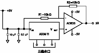 由AD5611和運(yùn)算放大器AD820組成的雙極性電壓輸出D/A轉(zhuǎn)換電路