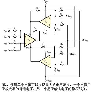 使用单个电源可以实现最大的电压范围一个电源用于放大器的普通电压另一个用于输出电压的稳压部分