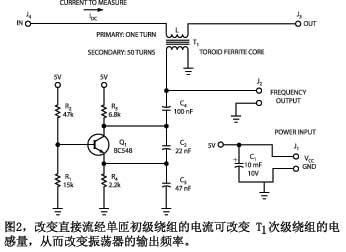 改變直接流經單匝初級繞組的電流可改變T1次級繞組的電感量從而改變振蕩器的輸出頻率