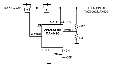 這個(gè)電路將MAX5060/MAX5061的輸入電壓限制在28V，并保護(hù)電路免受電池反接故障的損壞 