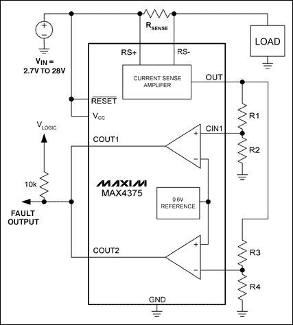 Figure 2b. A current-window circuit (comprising R1-R4, thecomparators, and reference) detects open- and short-circuit faults.