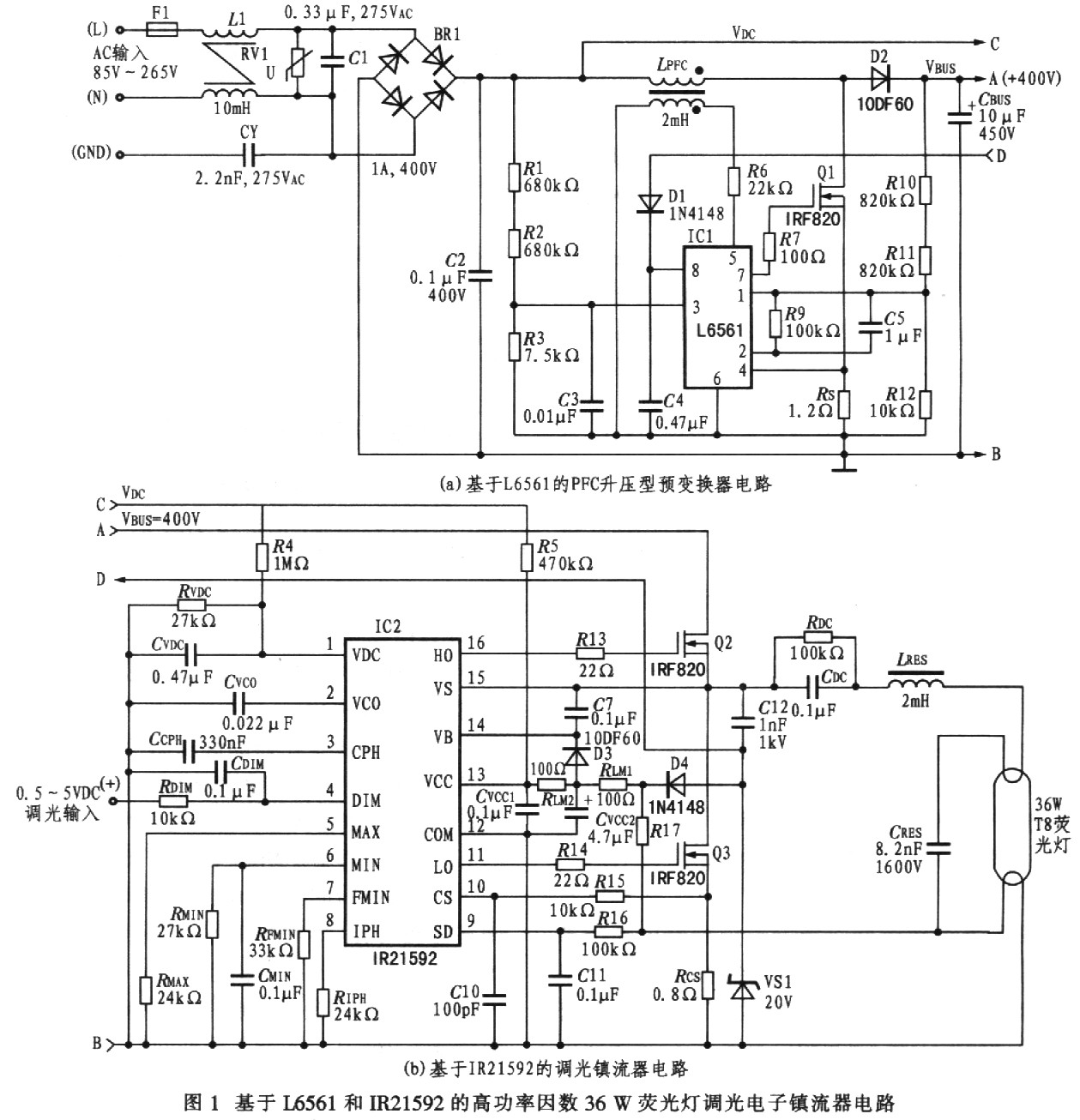 由L6561和[R21592型控制器組成的高功率因數(shù)36 W熒光燈調(diào)光電子鎮(zhèn)流器電路圖