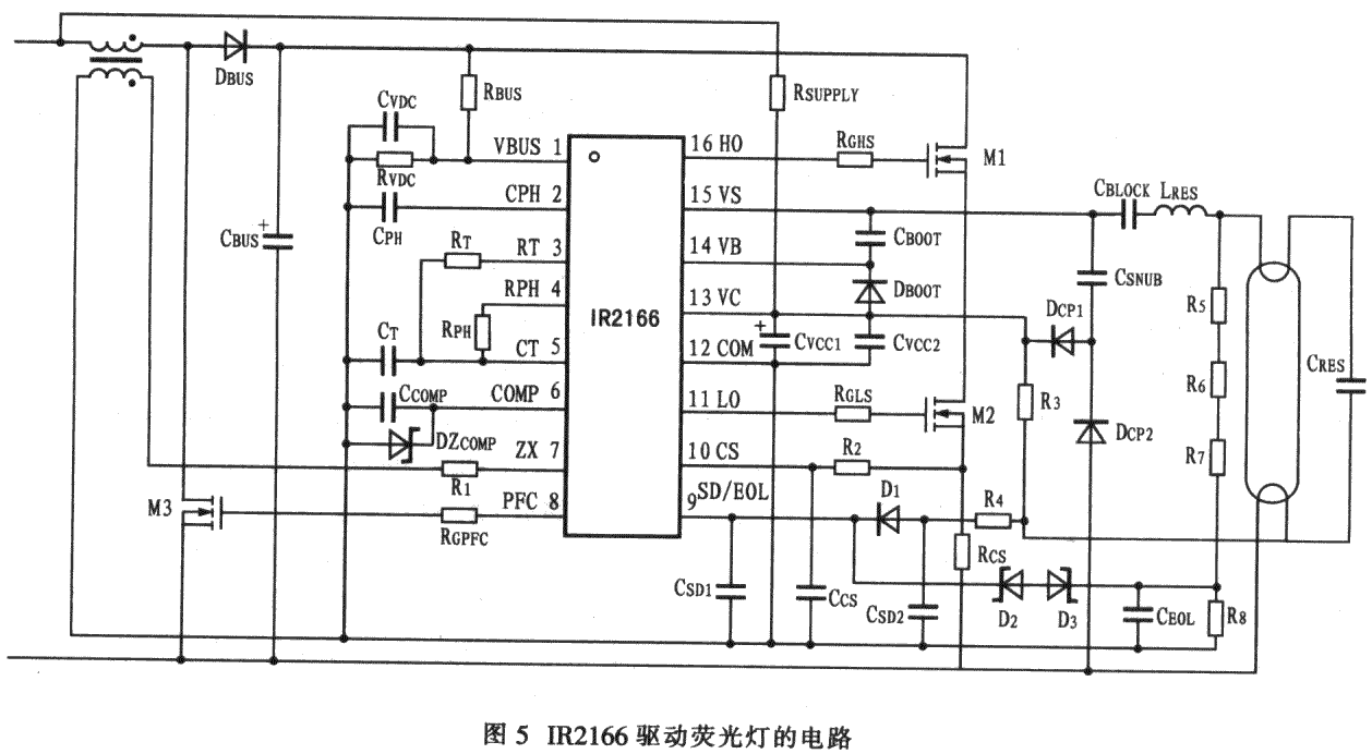 IR2166驱动电子镇流器的典型应用电路