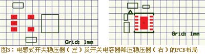 電感式開關穩壓器（面積約為 7 mm × 5 mm）及開關電容器降壓穩壓器（面積約為 5 mm × 5 mm）的印刷電路板布局及面積