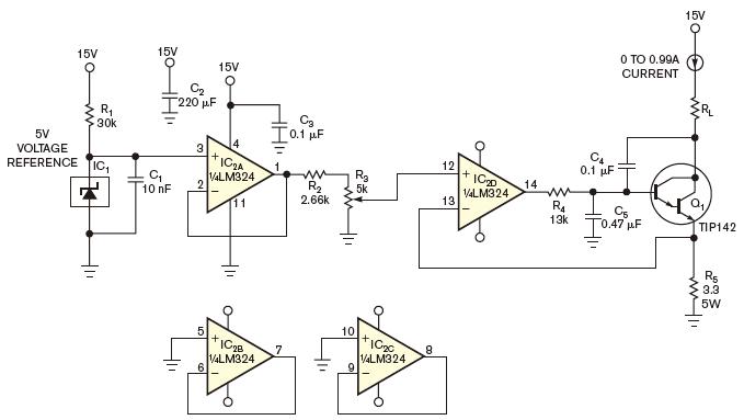 一个电压基准和两个运算放大器向R5提供稳定电压