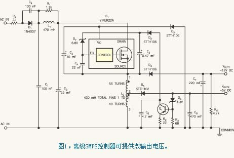 使用单片SMPS控制器，如STMicroelectronics公司的Viper22A （即IC1），在88V~265V的交流线路电压范围内提供高达3.3W的双电压稳压电源