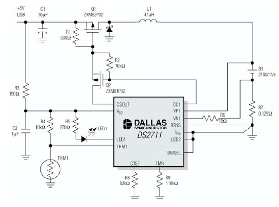 USB端口對(duì)單節(jié)NiMH電池快速充電的原理圖