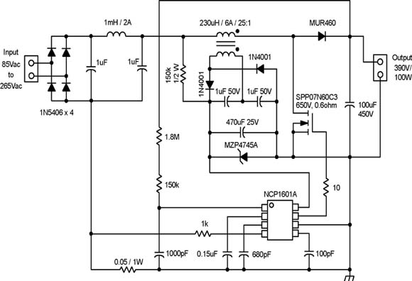 NCP1601A DCM PFC 控制器用于100 W 应用