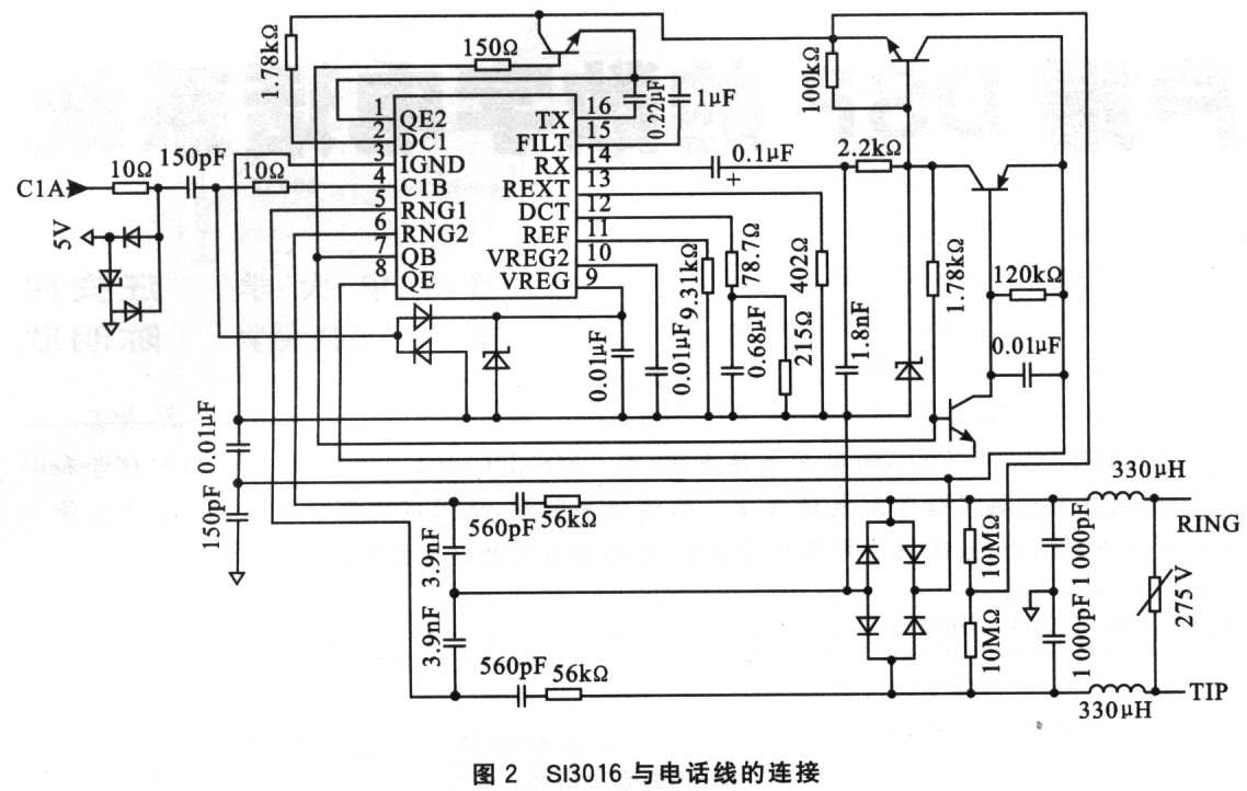 SI3016和電話線側的連接