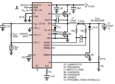 采用轉(zhuǎn)換負(fù)極 PWM 調(diào)光的 6V 至 30V、20A LED 驅(qū)動(dòng)器