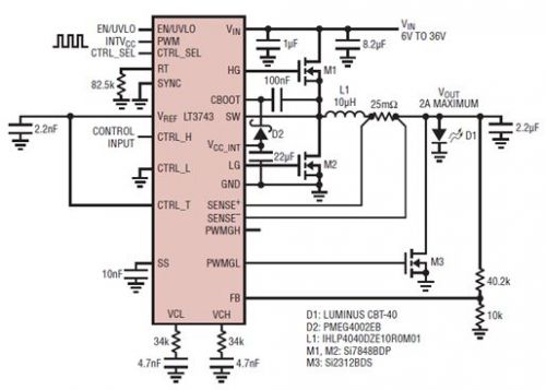 具電流受限并聯(lián)輸出的 6V 至 36V 輸入、2A LED 驅(qū)動(dòng)器