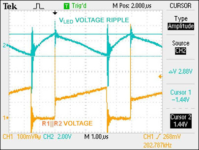 圖7. 輸出電壓(交流耦合)和開關(guān)MOSFET檢流電阻的電壓