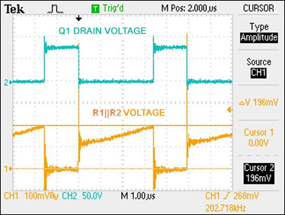 圖6. 開關(guān)MOSFET的電壓和檢流電阻的電壓